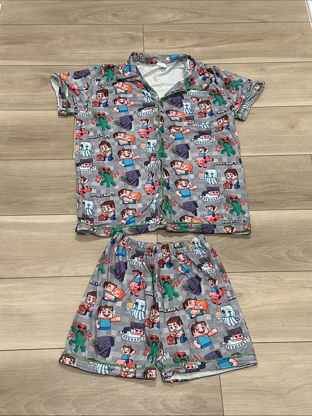 EUC Kids Short Pajama Set - Gray Minecraft-Inspired Print Size 6xl 14 16